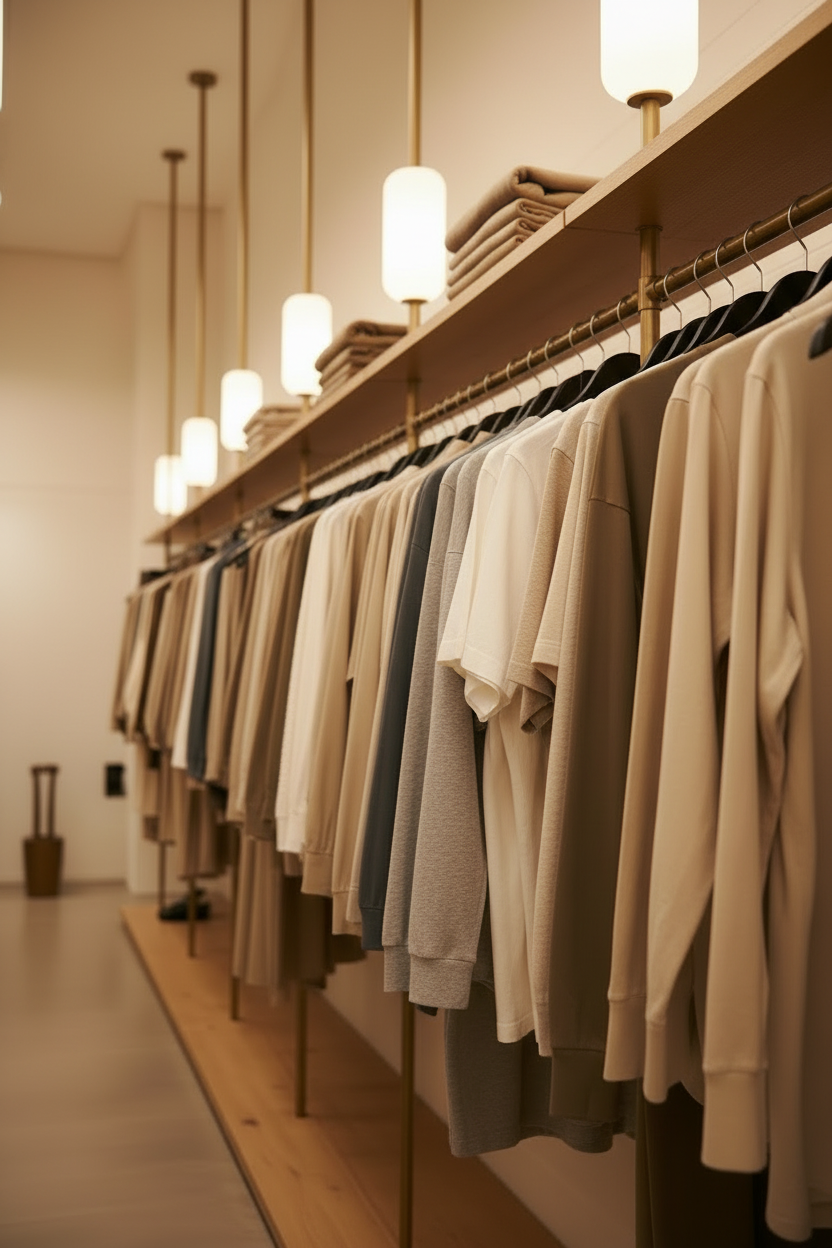 T-shirts and sweaters on hangers in wardrobe